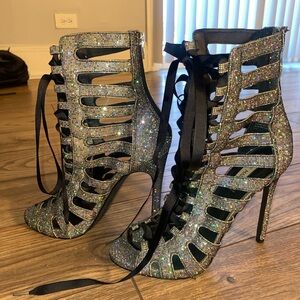 Steve Madden | (Womens 9) Stilettoes Laced Fuego Glitter Open Toe Bootie